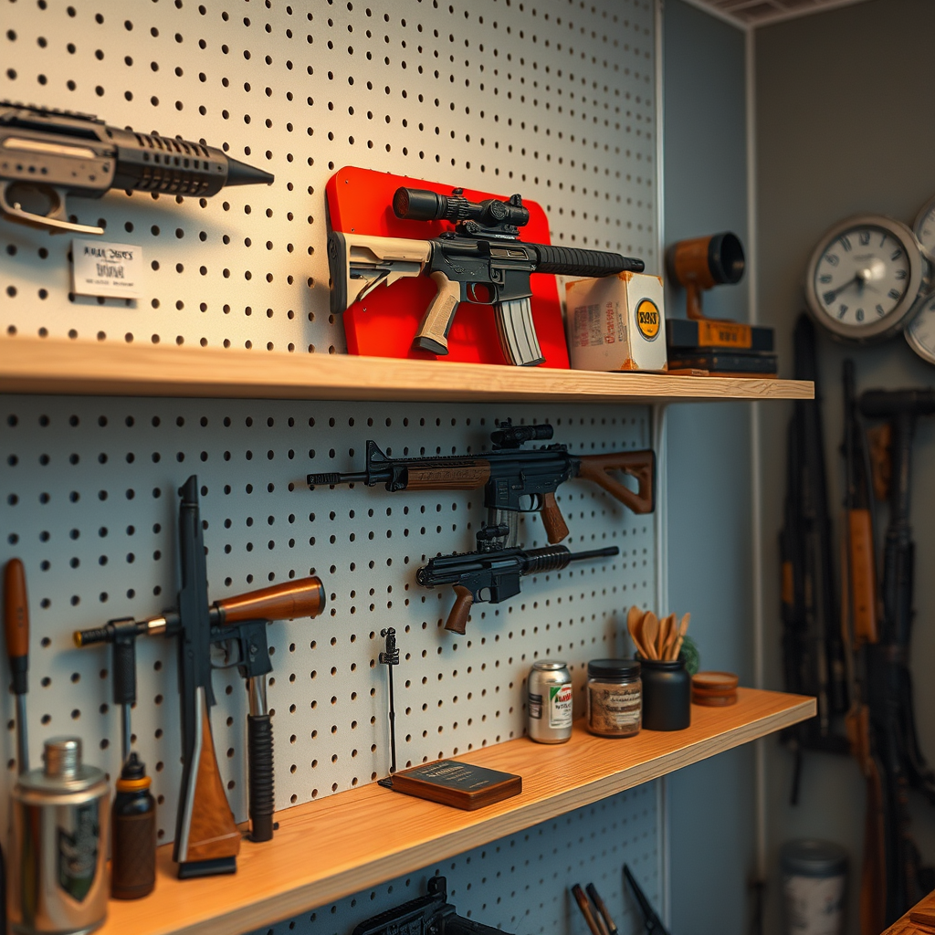 Displaying with Shelving - Hooks for organizing retro-futuristic weapon replicas