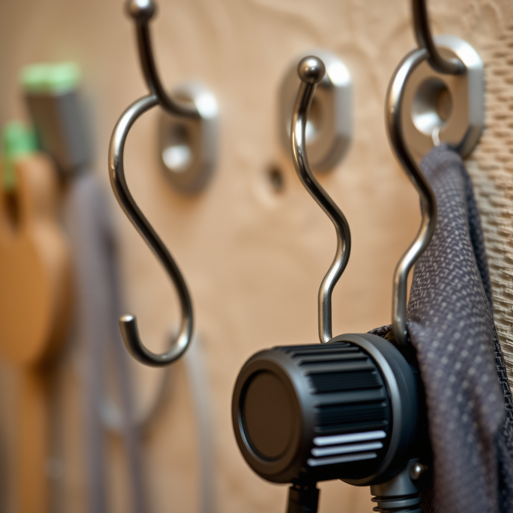 Organizing by Category - Hooks for storing haunted house sound effect equipment