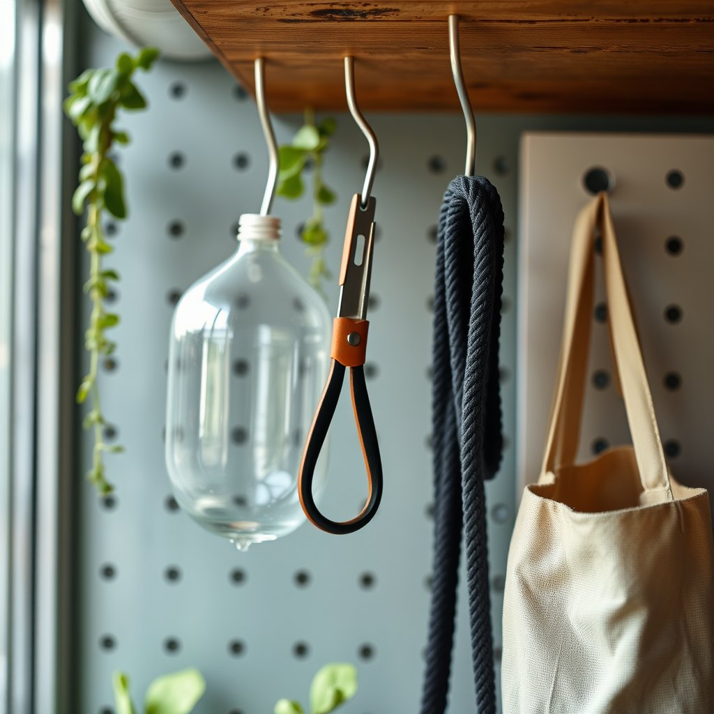 Organizing Your Space - Hooks for storing self-sufficient urban farming equipment